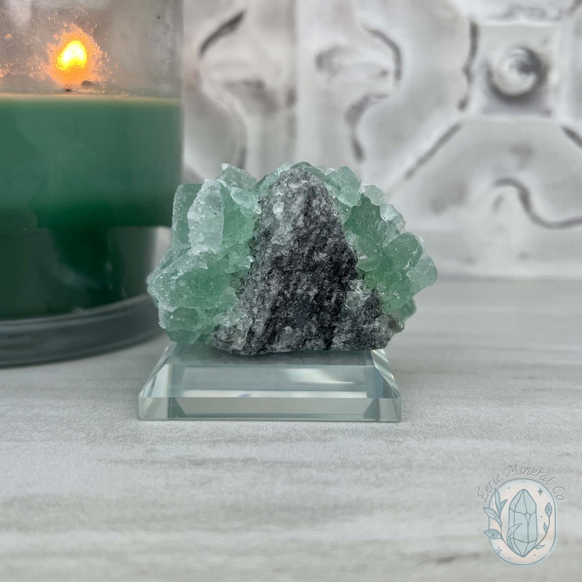 Druzy Green Sugar Fluorite Specimen with Display Stand