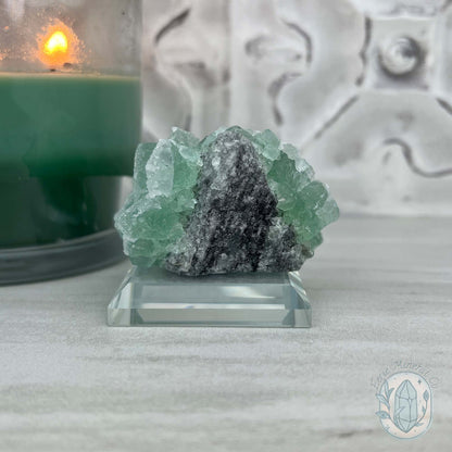 Druzy Green Sugar Fluorite Specimen with Display Stand