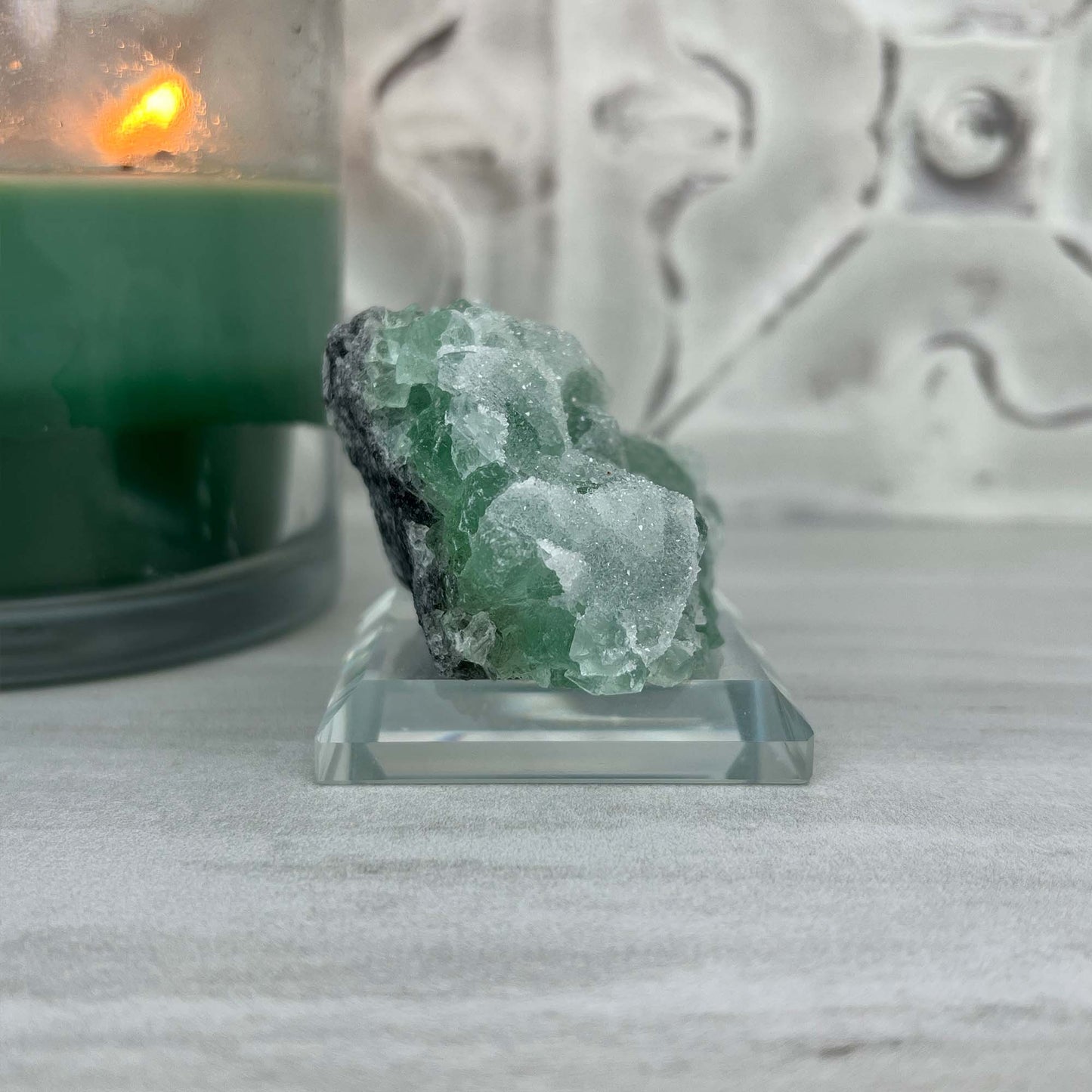 Druzy Green Sugar Fluorite Specimen with Display Stand