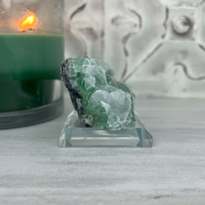 Druzy Green Sugar Fluorite Specimen with Display Stand
