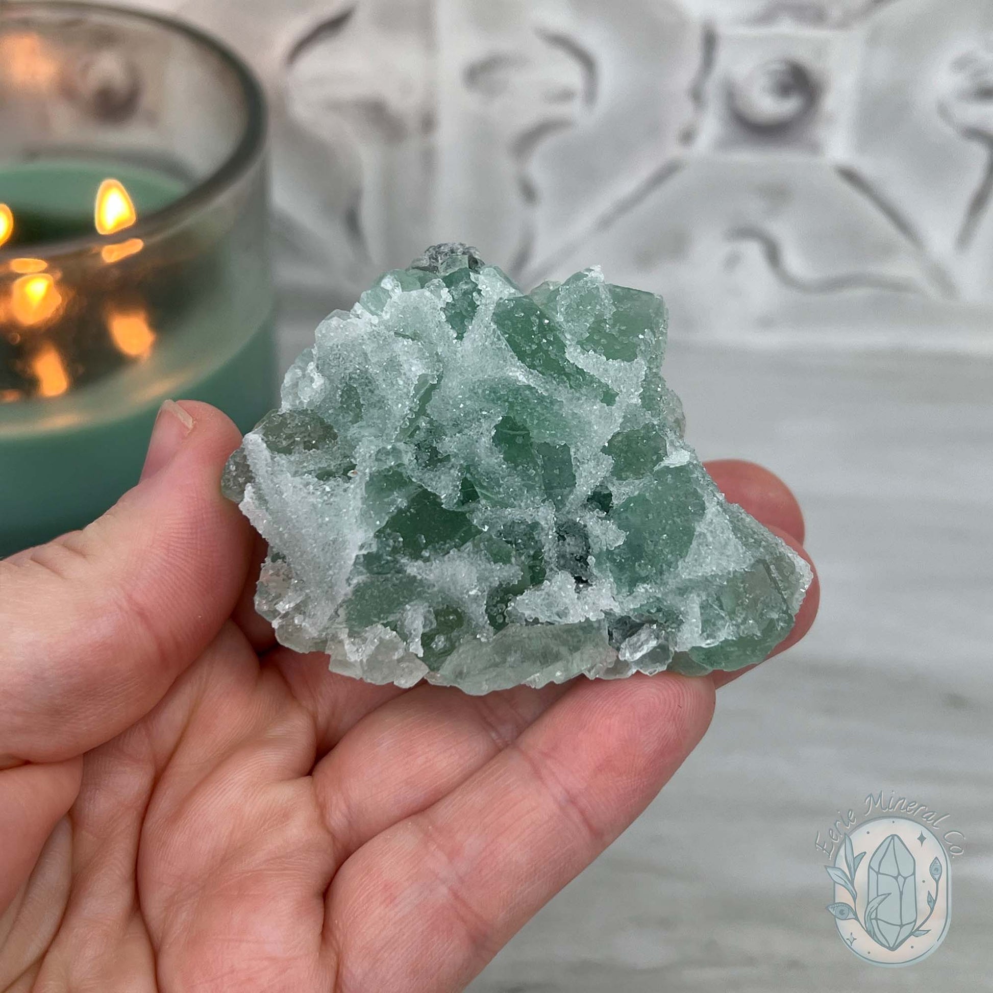 Druzy Green Sugar Fluorite Specimen with Display Stand