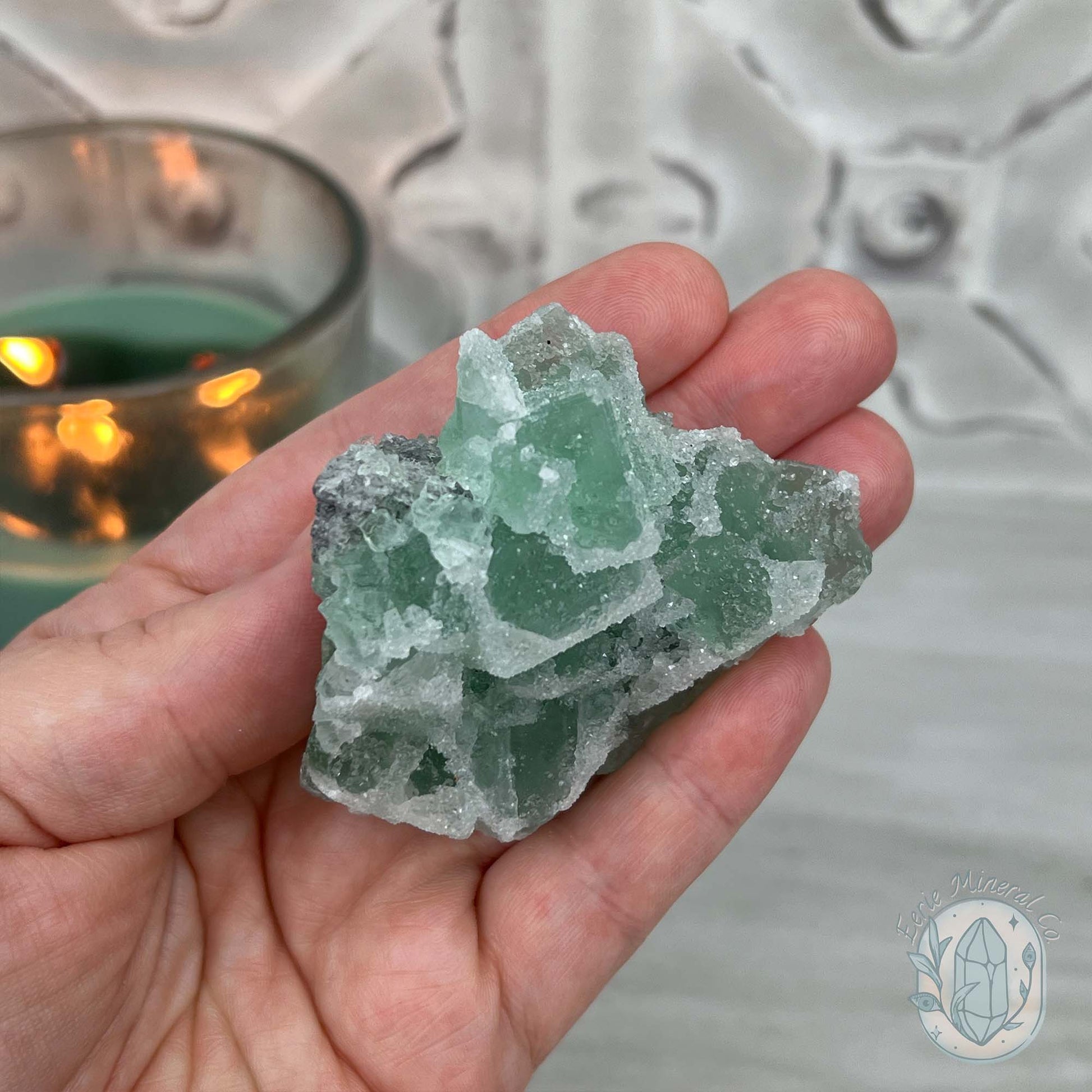 Druzy Green Sugar Fluorite Specimen with Display Stand