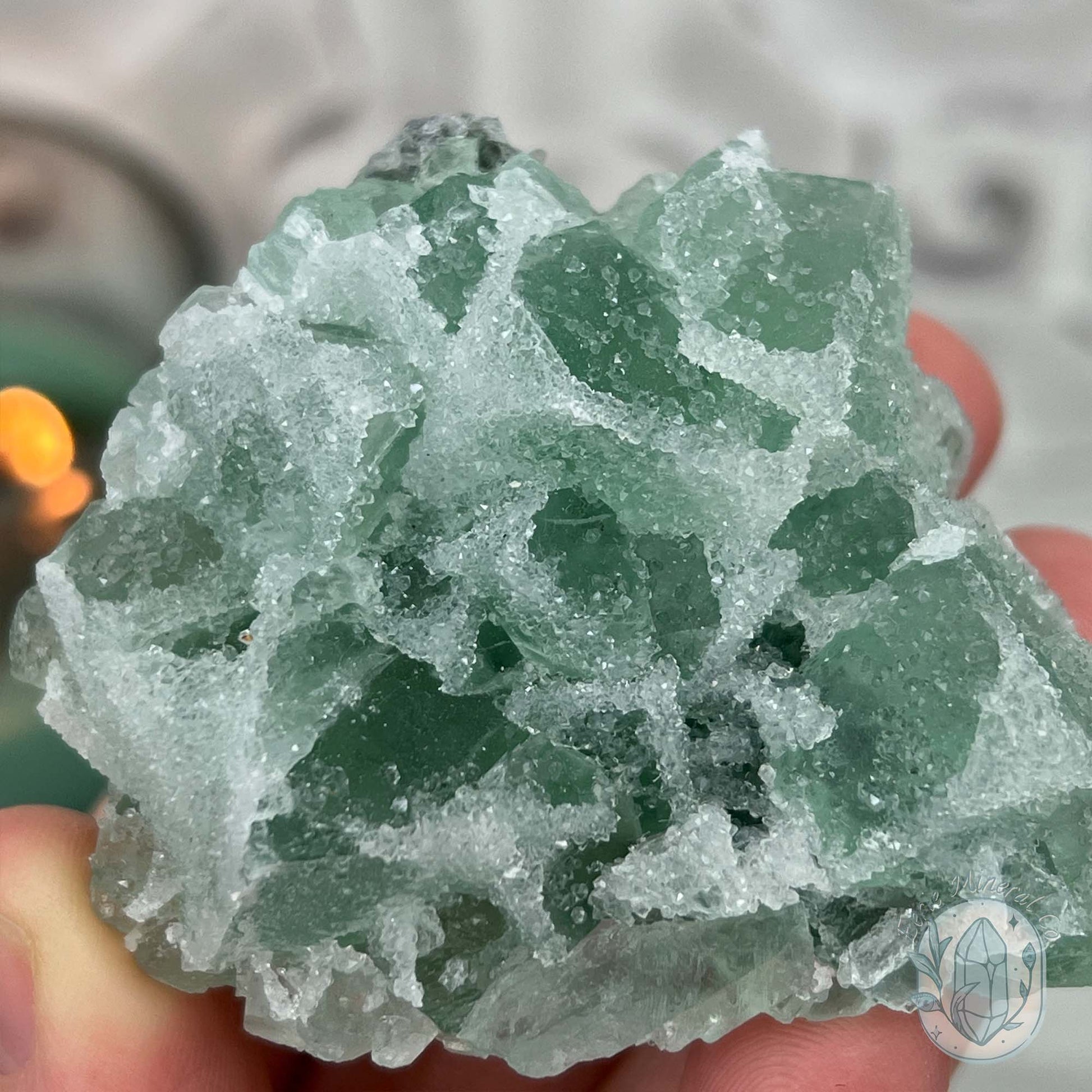 Druzy Green Sugar Fluorite Specimen with Display Stand