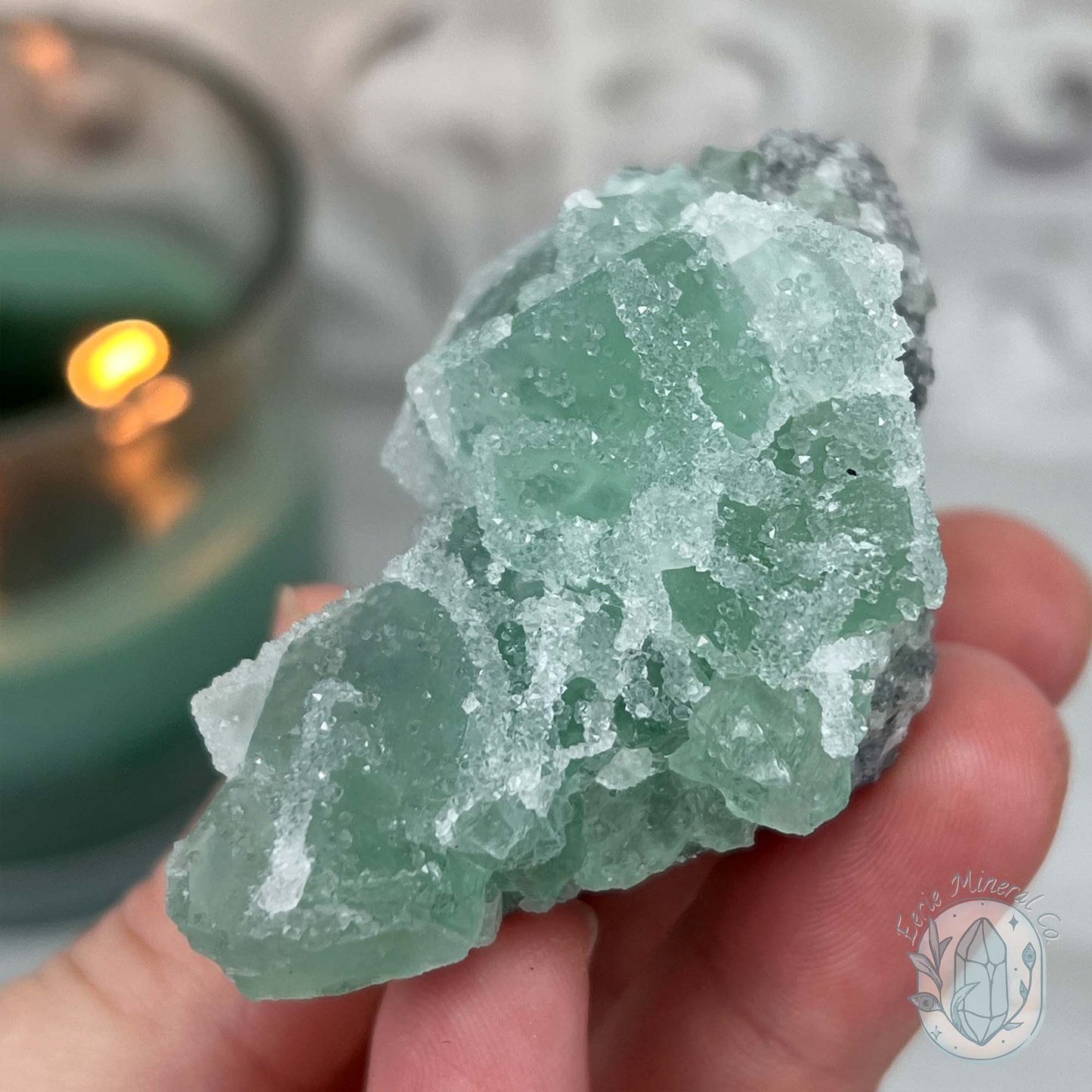 Druzy Green Sugar Fluorite Specimen with Display Stand