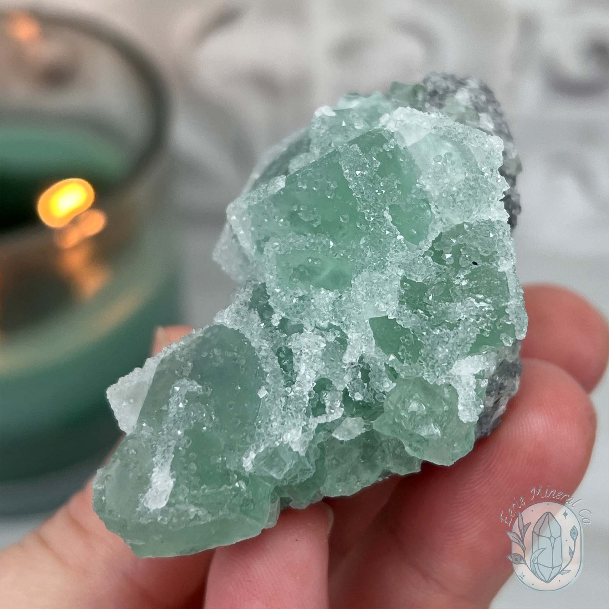 Druzy Green Sugar Fluorite Specimen with Display Stand