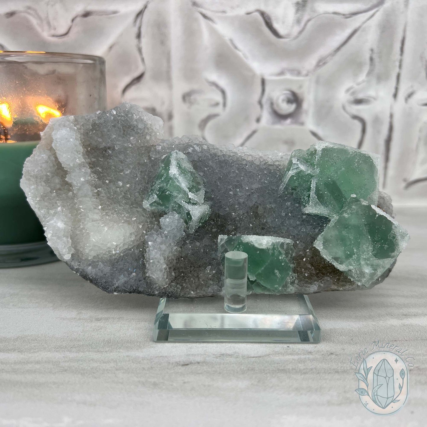 Druzy Green Sugar Fluorite Specimen with Display Stand