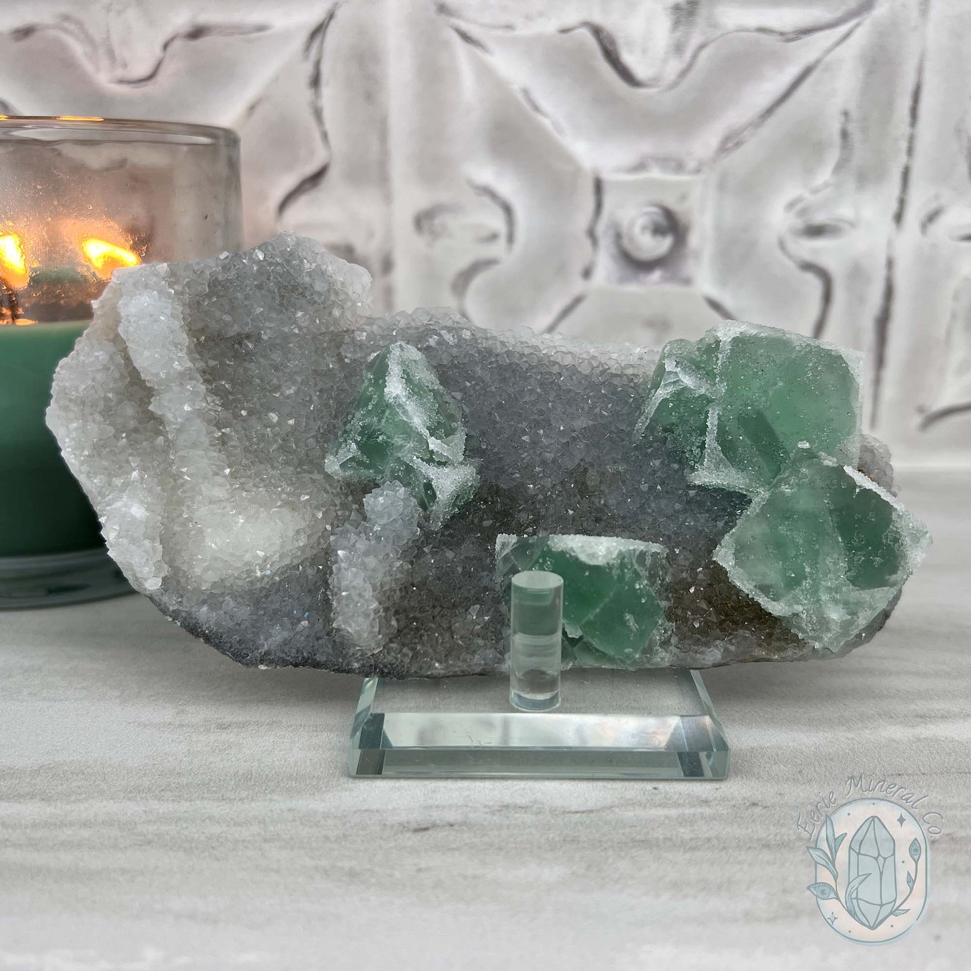 Druzy Green Sugar Fluorite Specimen with Display Stand