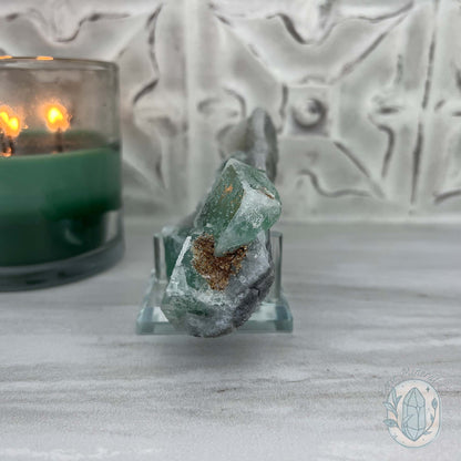 Druzy Green Sugar Fluorite Specimen with Display Stand