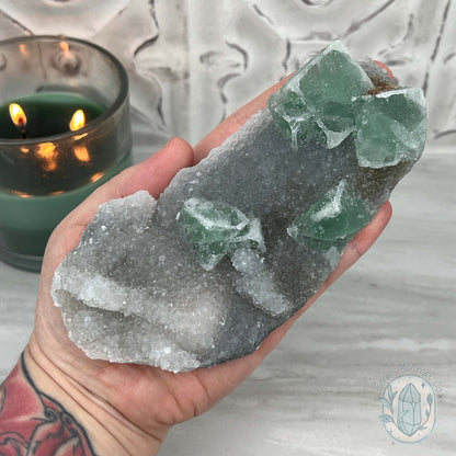 Druzy Green Sugar Fluorite Specimen with Display Stand