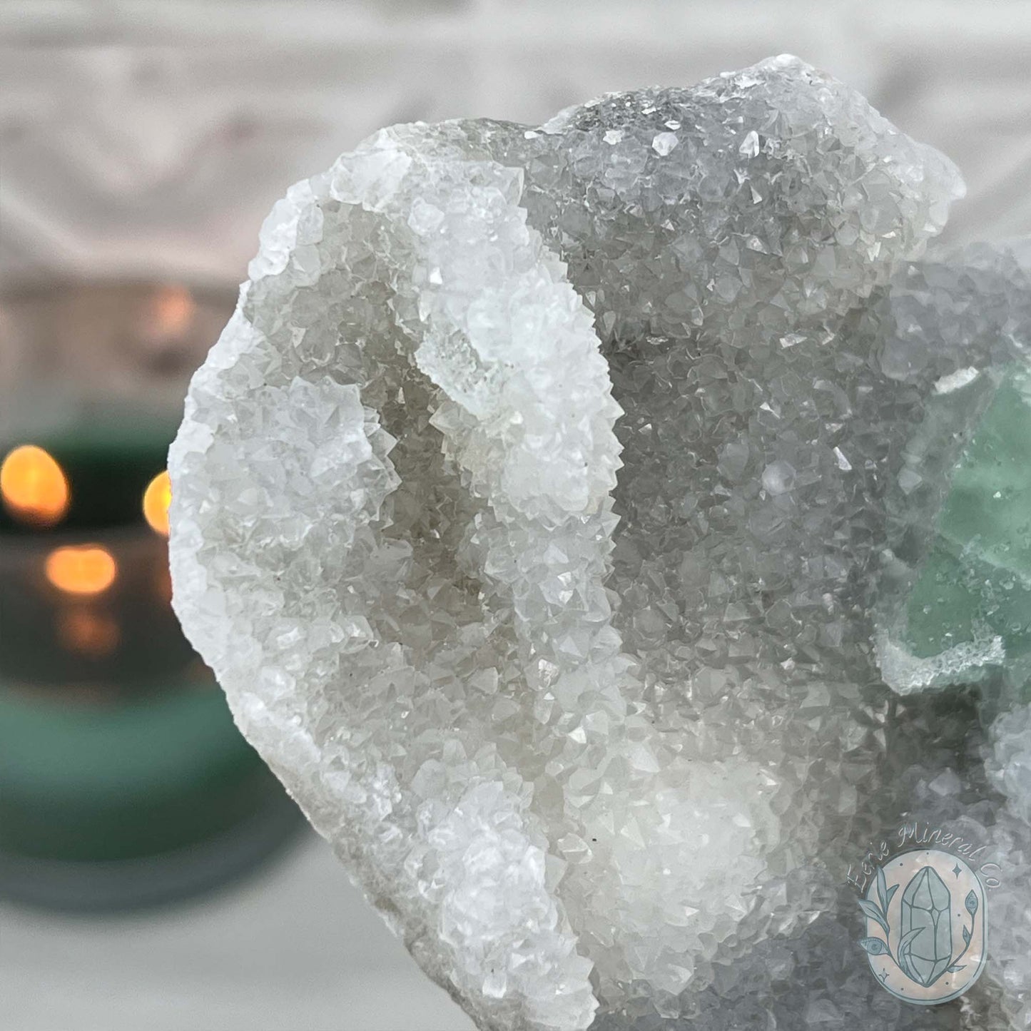 Druzy Green Sugar Fluorite Specimen with Display Stand