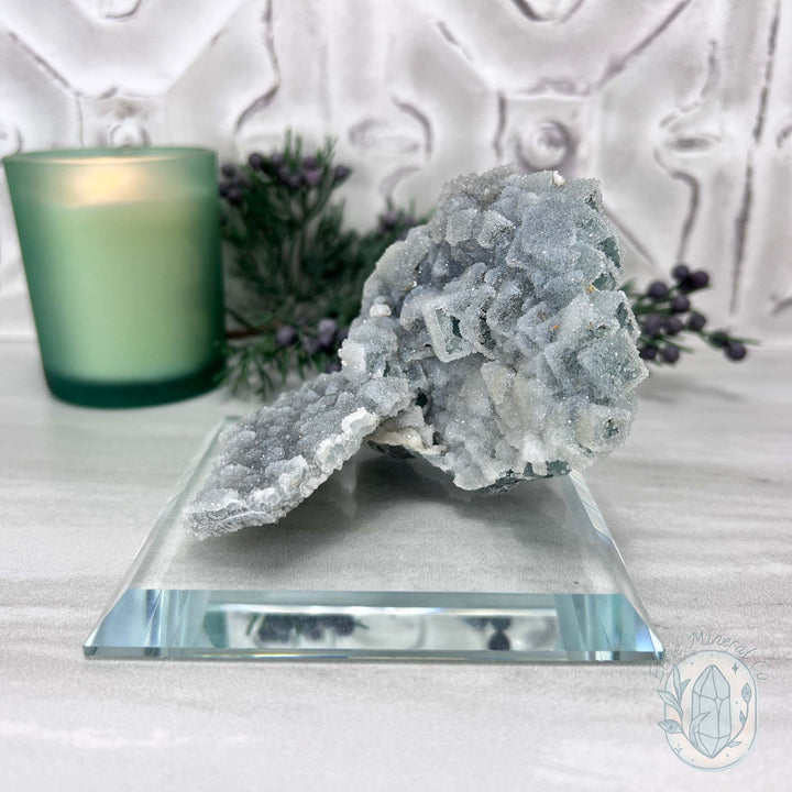 Natural Druzy Green Sugar Fluorite with Quartz Specimen