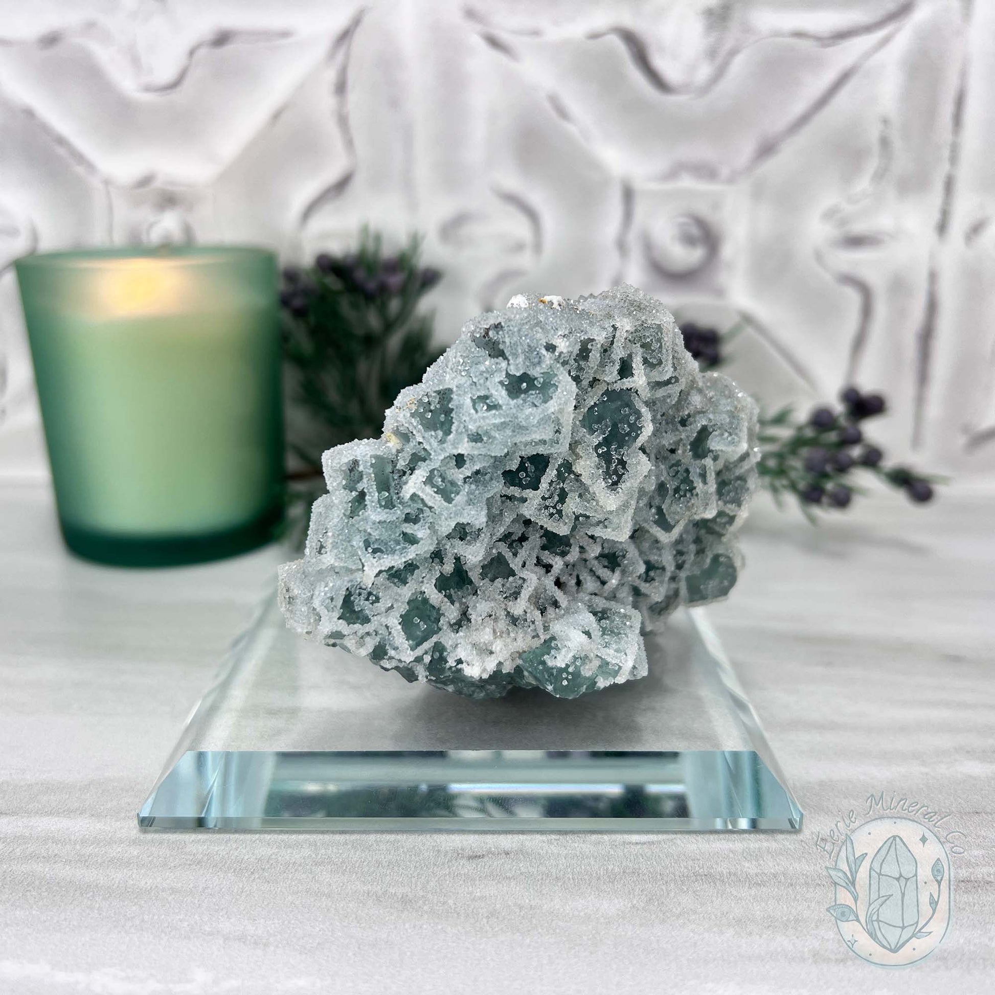 Natural Druzy Green Sugar Fluorite with Quartz Specimen