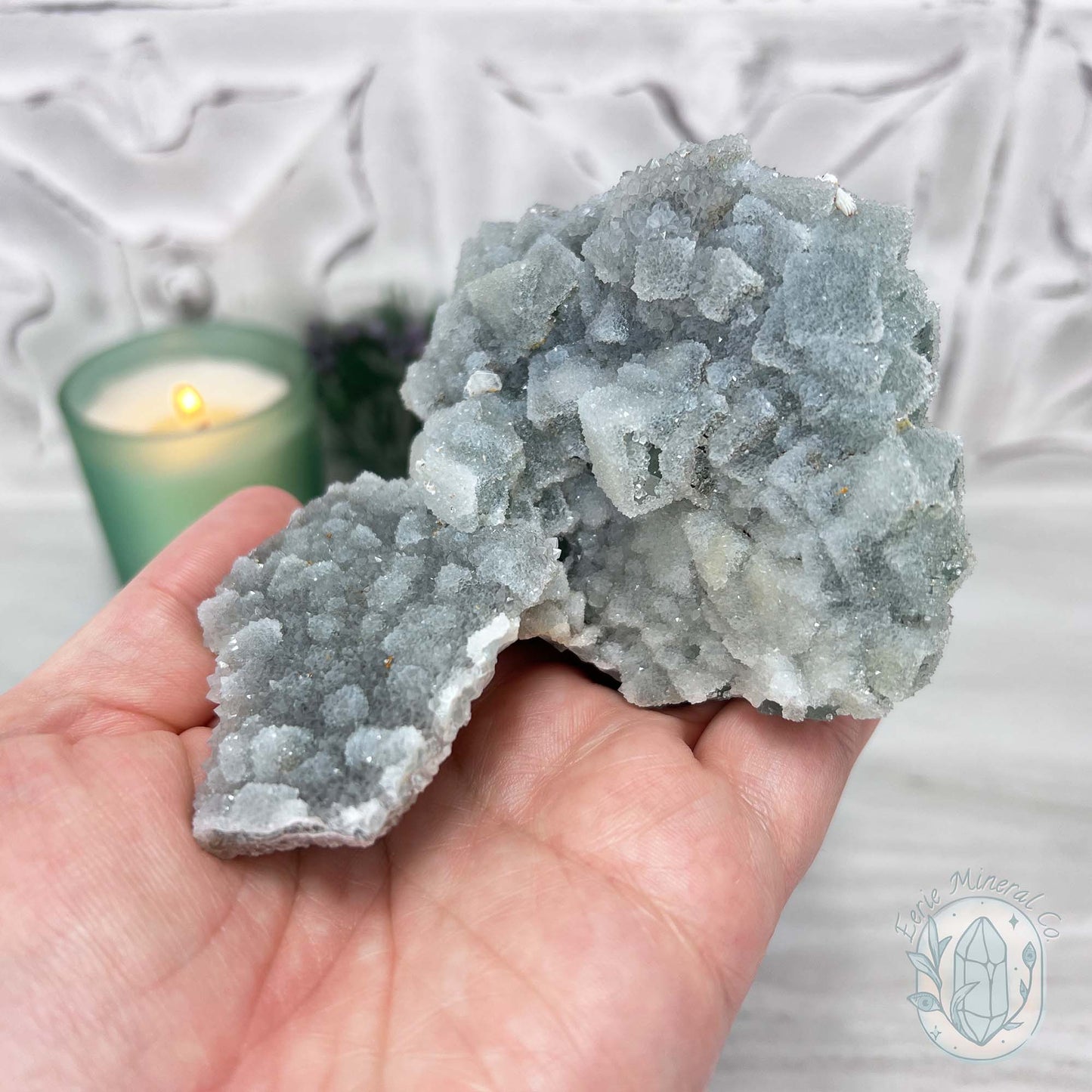Natural Druzy Green Sugar Fluorite with Quartz Specimen