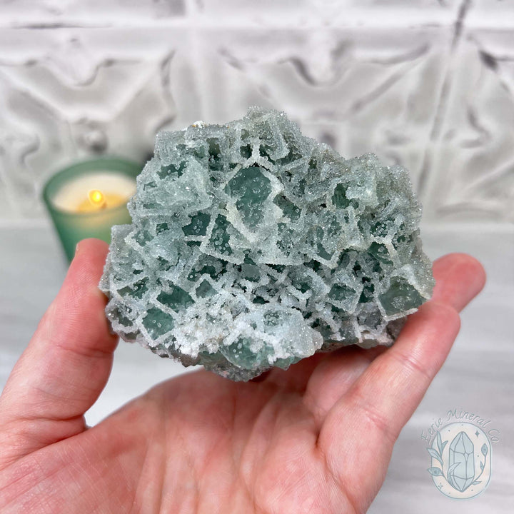 Natural Druzy Green Sugar Fluorite with Quartz Specimen