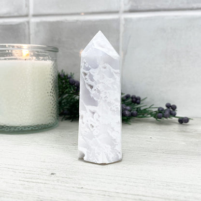 Polished White Druzy Agate Tower
