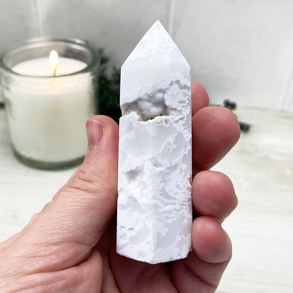 Polished White Druzy Agate Tower