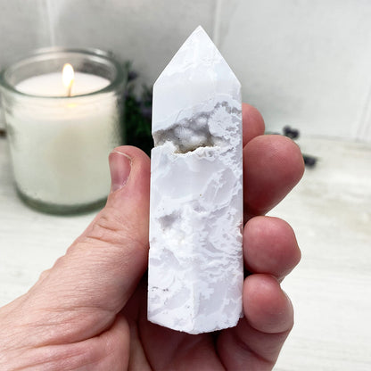 Polished White Druzy Agate Tower