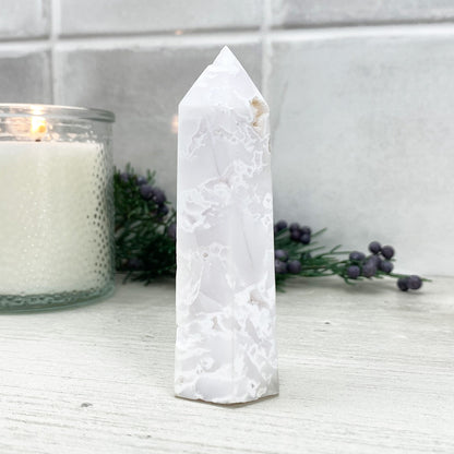 Polished White Druzy Agate Tower