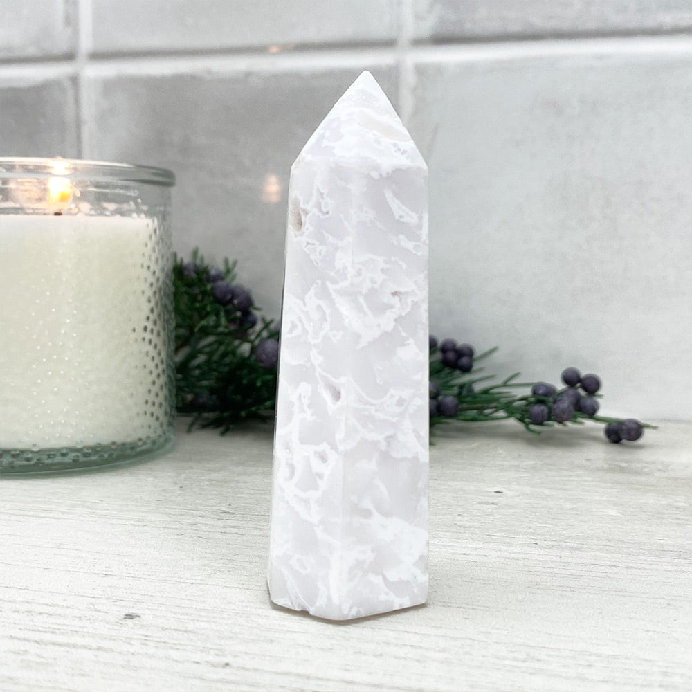Polished White Druzy Agate Tower