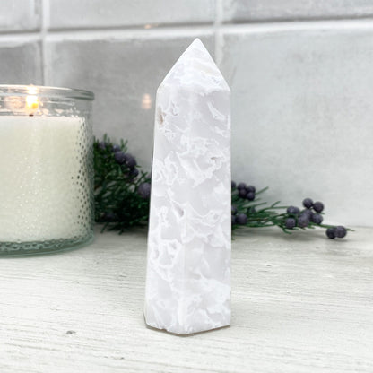 Polished White Druzy Agate Tower