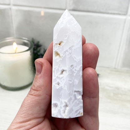 Polished White Druzy Agate Tower