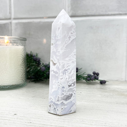 Polished White Druzy Agate Tower