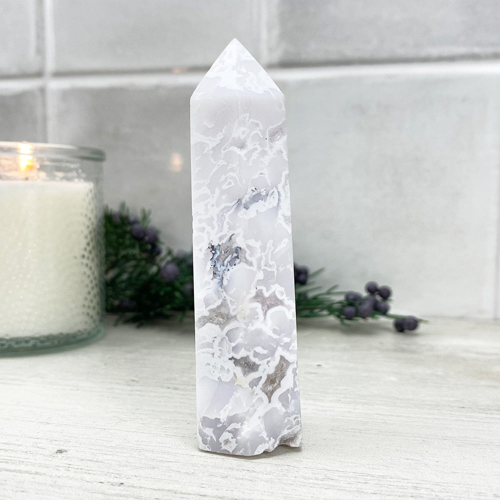 Polished White Druzy Agate Tower