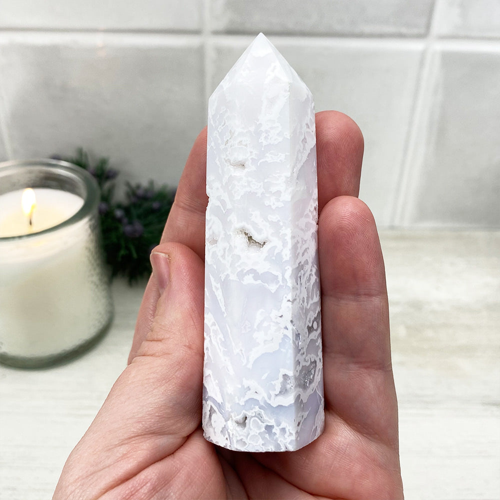 Polished White Druzy Agate Tower
