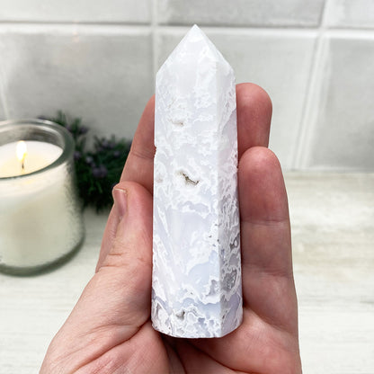 Polished White Druzy Agate Tower
