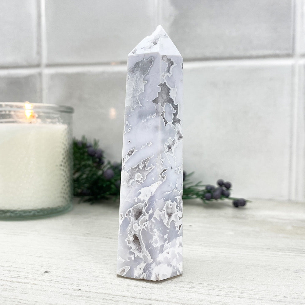 Polished White Druzy Agate Tower