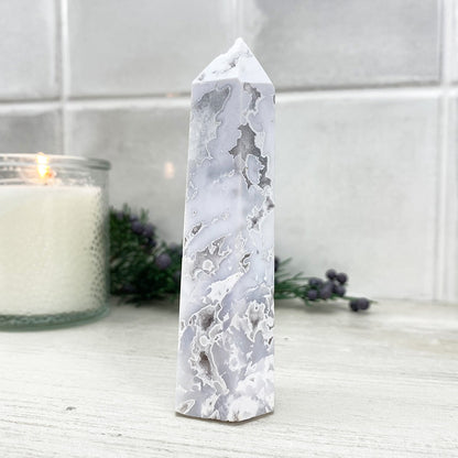 Polished White Druzy Agate Tower