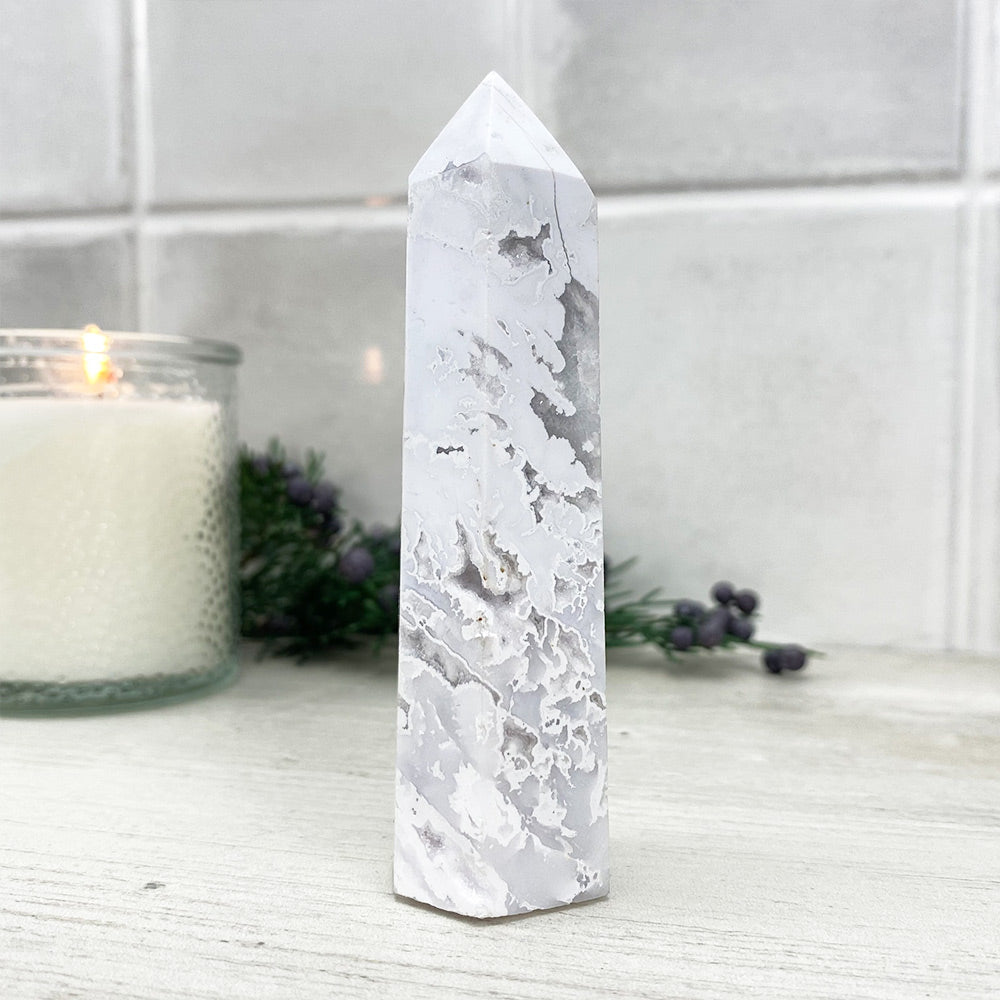 Polished White Druzy Agate Tower