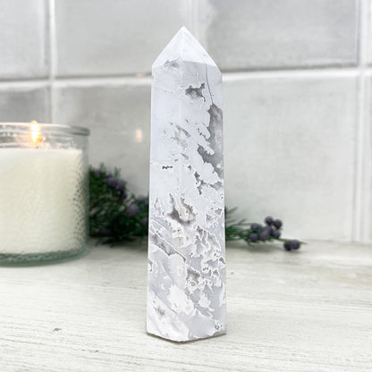 Polished White Druzy Agate Tower