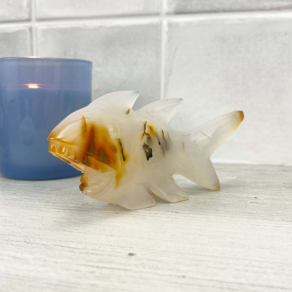 Polished White Agate Shark Carving