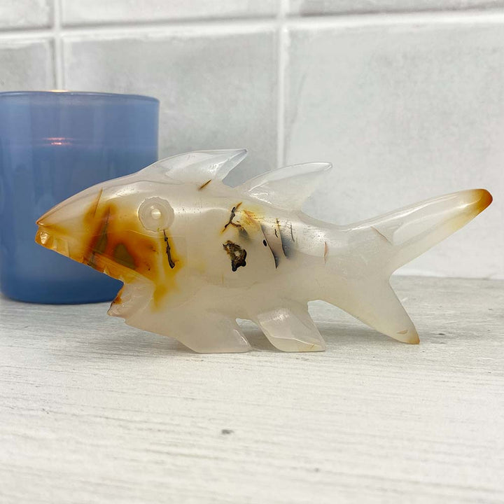 Polished White Agate Shark Carving