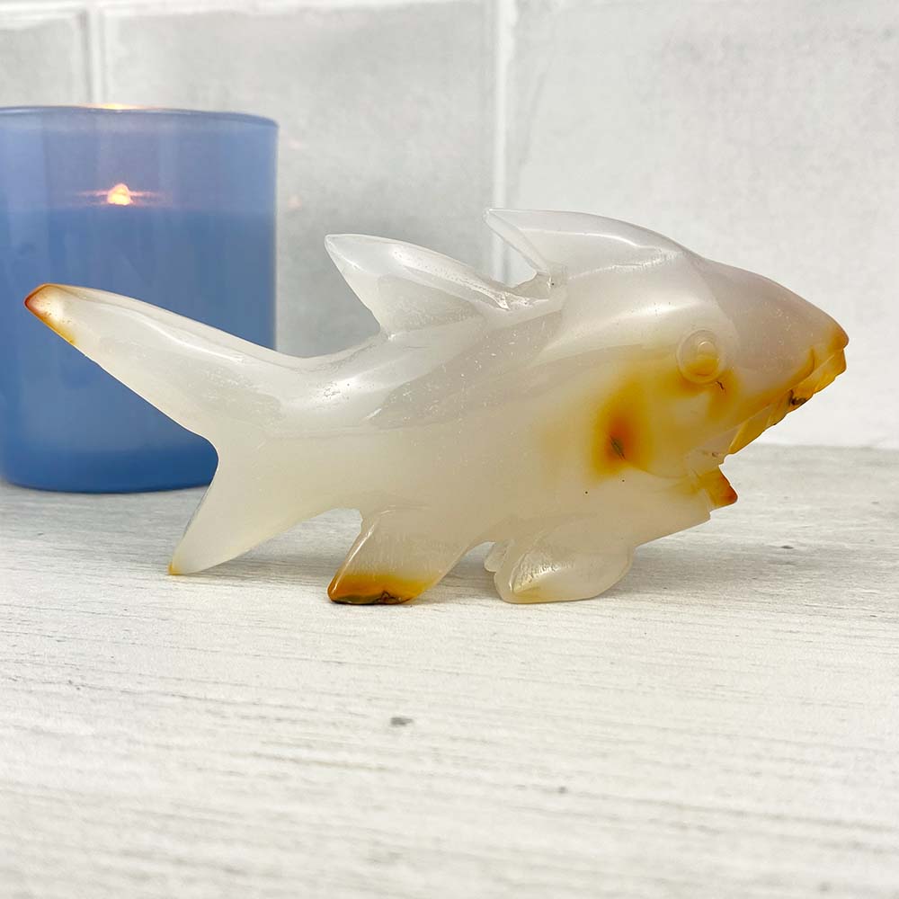 Polished White Agate Shark Carving