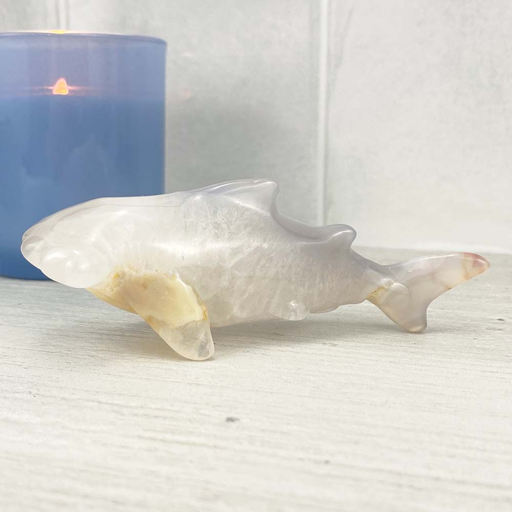 Polished Flower Agate Shark Carving