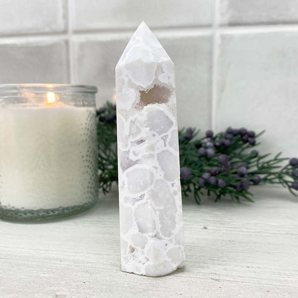 Polished White Druzy Agate Tower