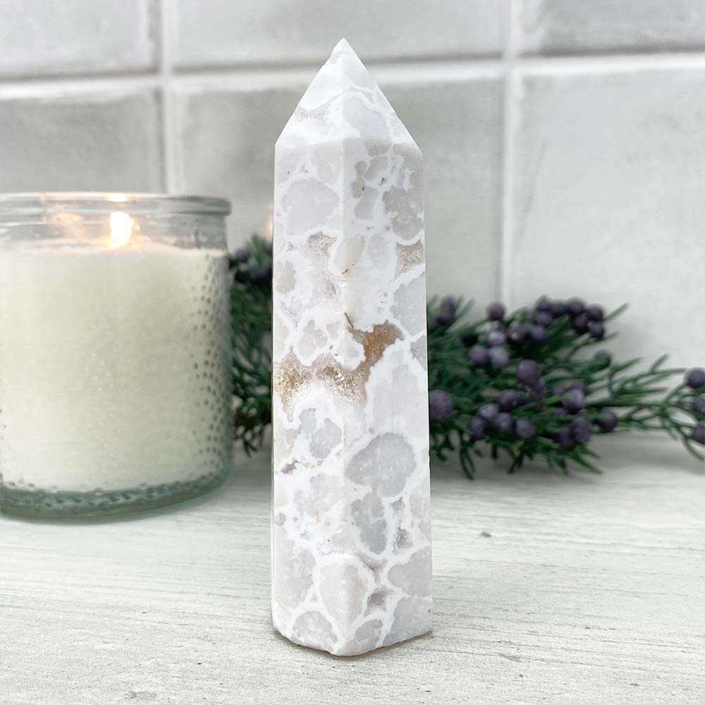 Polished White Druzy Agate Tower