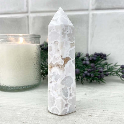 Polished White Druzy Agate Tower