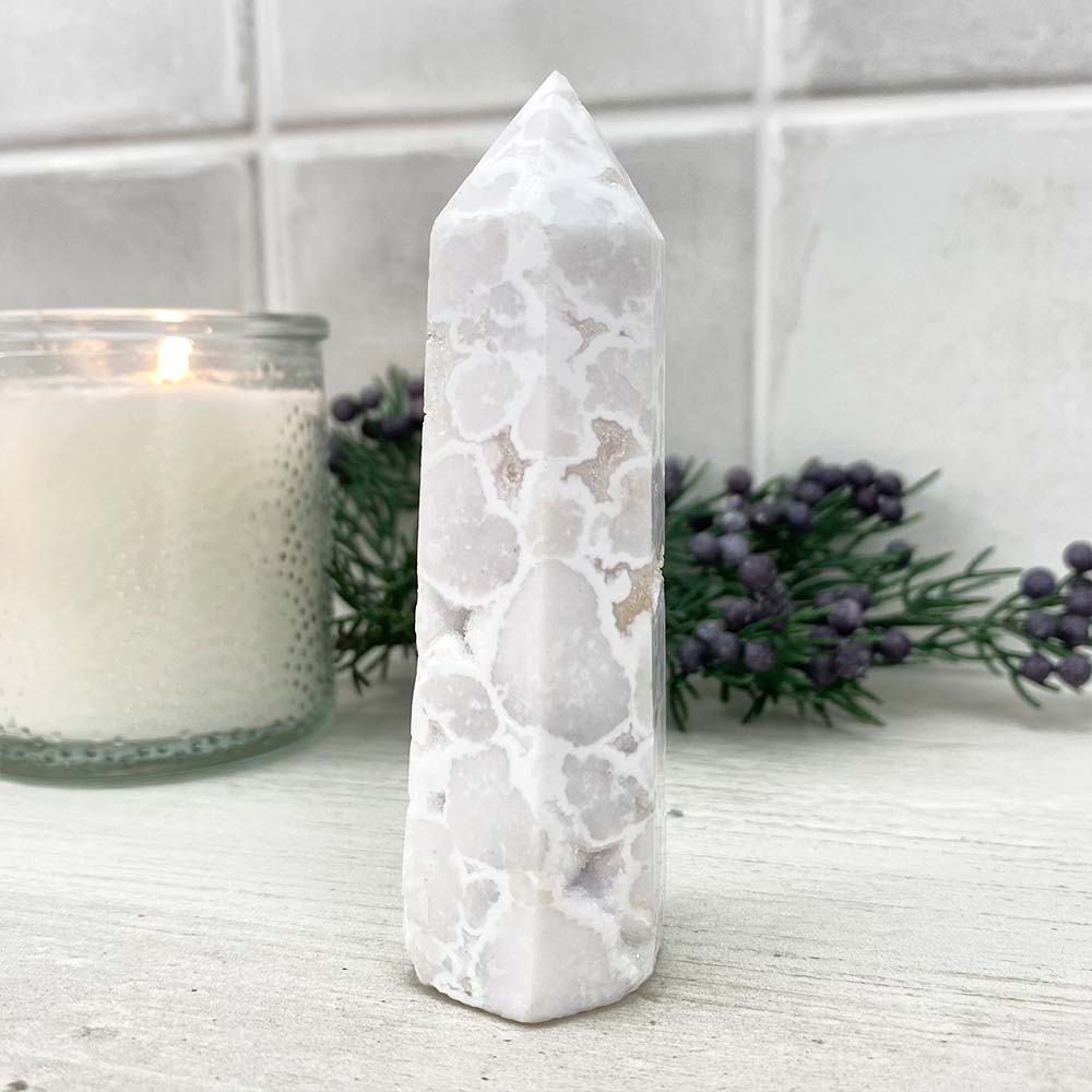 Polished White Druzy Agate Tower