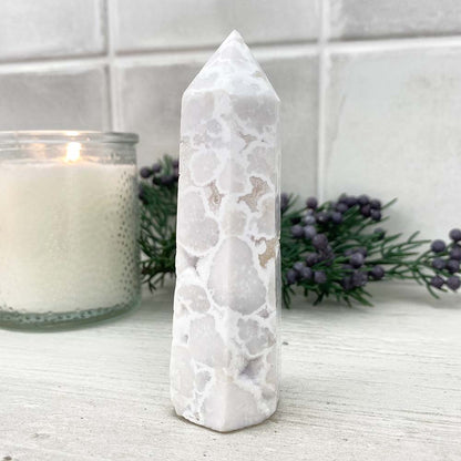 Polished White Druzy Agate Tower