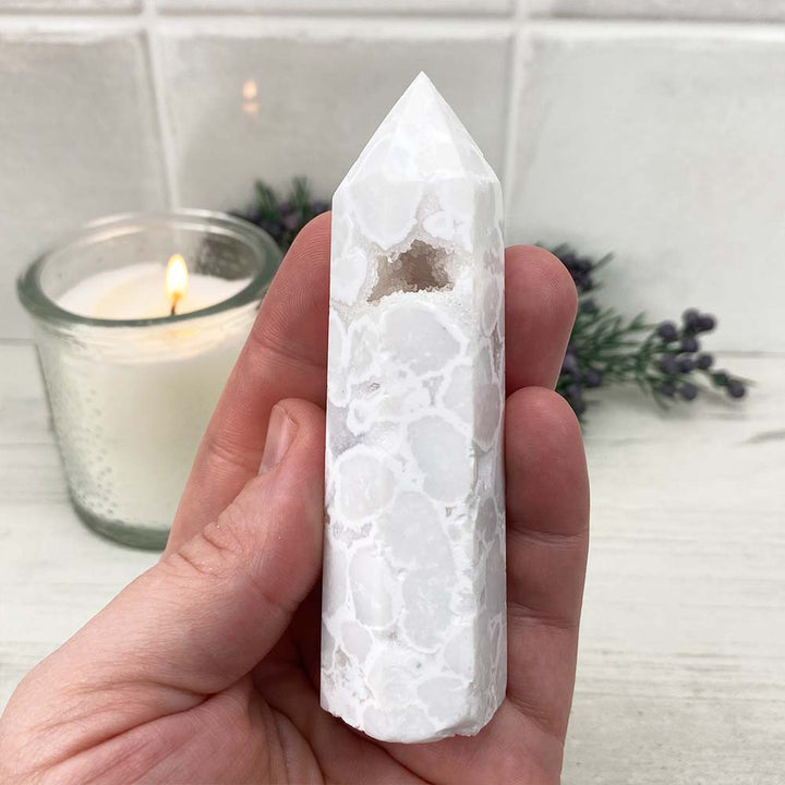 Polished White Druzy Agate Tower