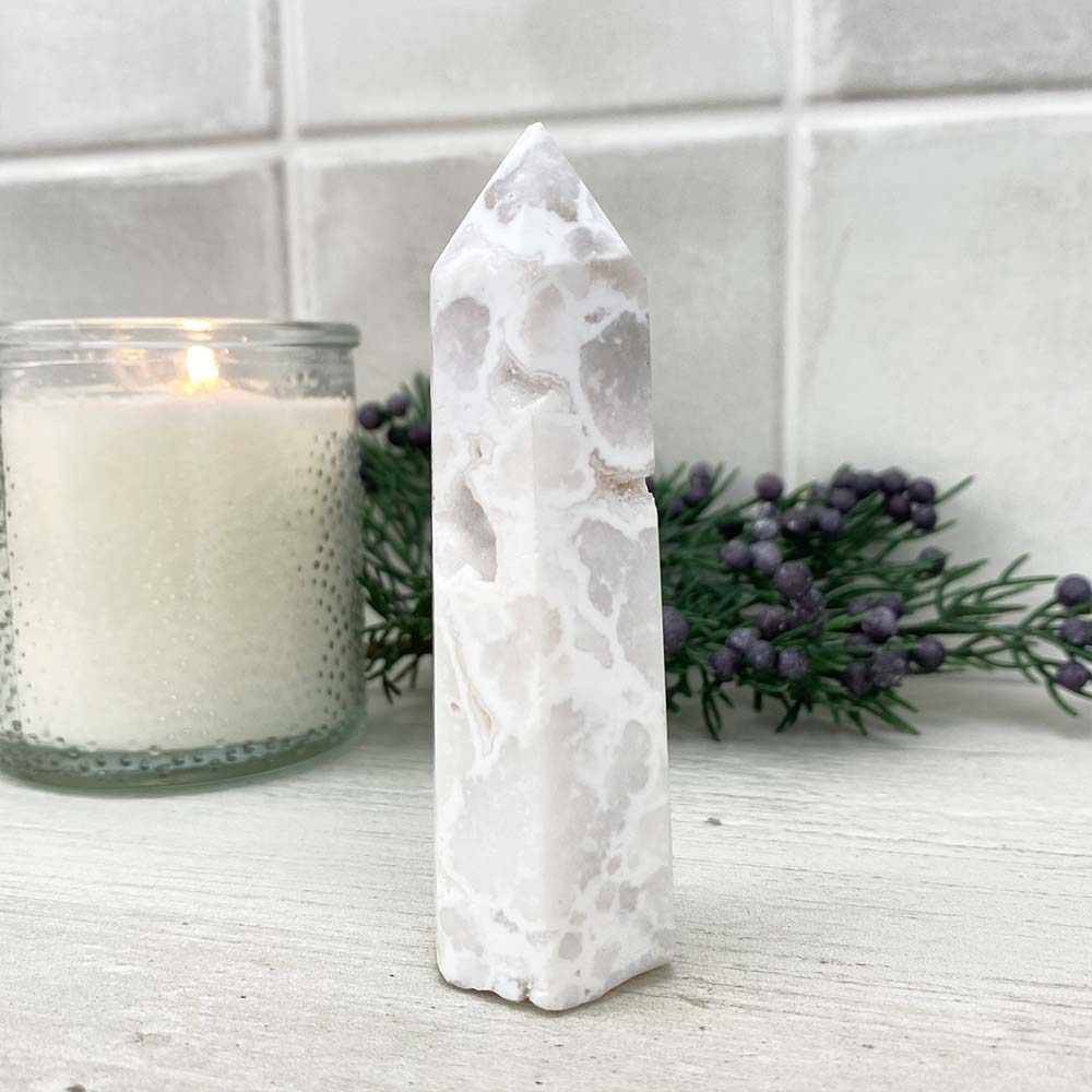 Polished White Druzy Agate Tower