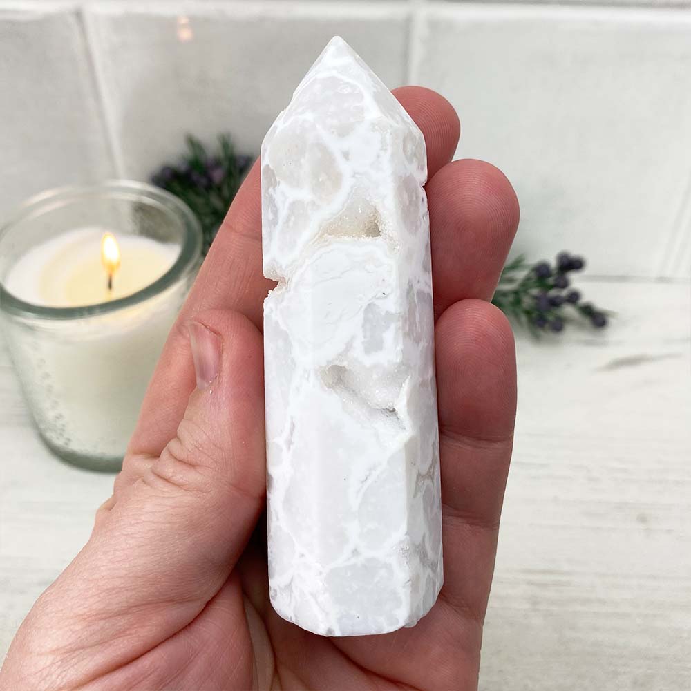 Polished White Druzy Agate Tower