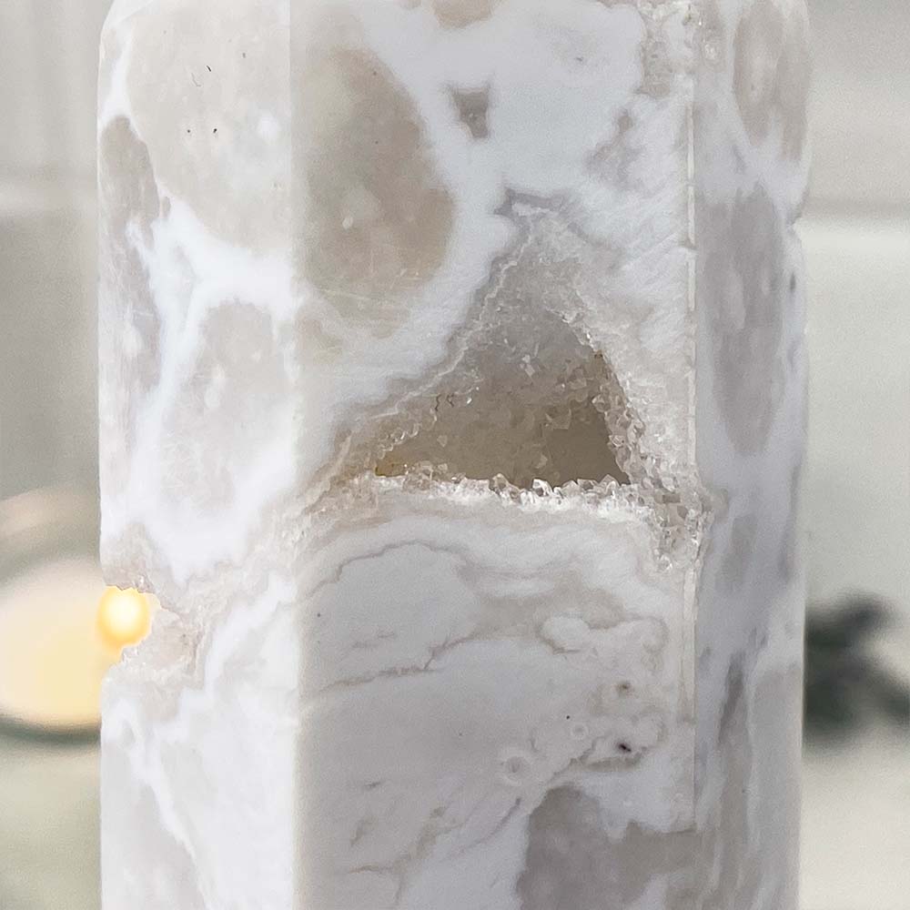 Polished White Druzy Agate Tower
