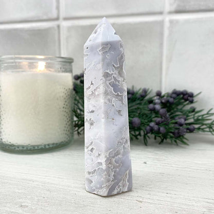 Polished White Druzy Agate Tower