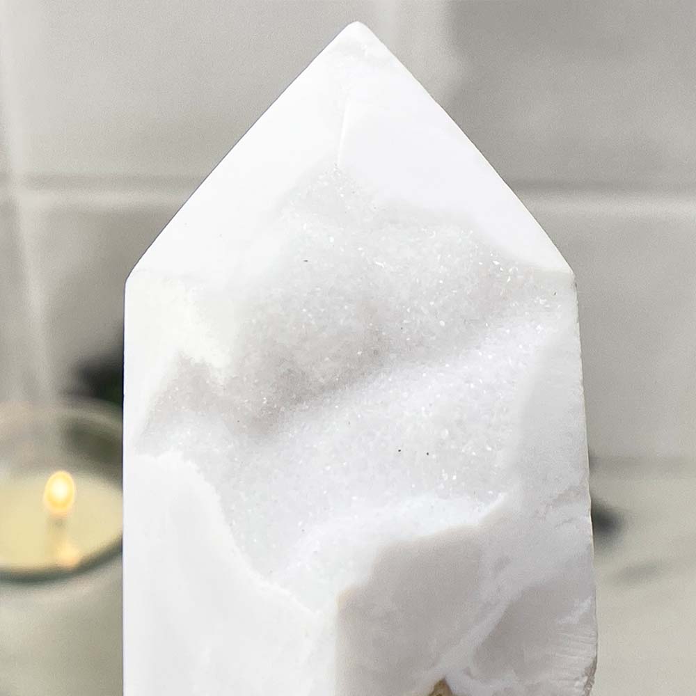 Polished White Druzy Agate Tower