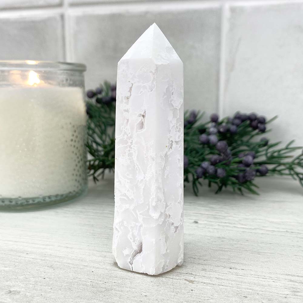 Polished White Druzy Agate Tower
