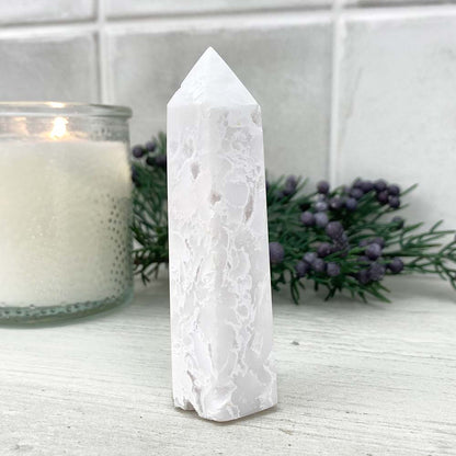 Polished White Druzy Agate Tower